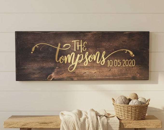 Personalized Family Name Wood Sign, Custom Engraved Pine Wall Rutic Decor, Housewarming Gift