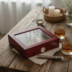 Personalized Cigar Humidor, Engraved Glass Top Cigar Box, Custom Humidor Gift Set, Monogramed Cigar Humidor, Cigar Holder Box, Cigar Kit