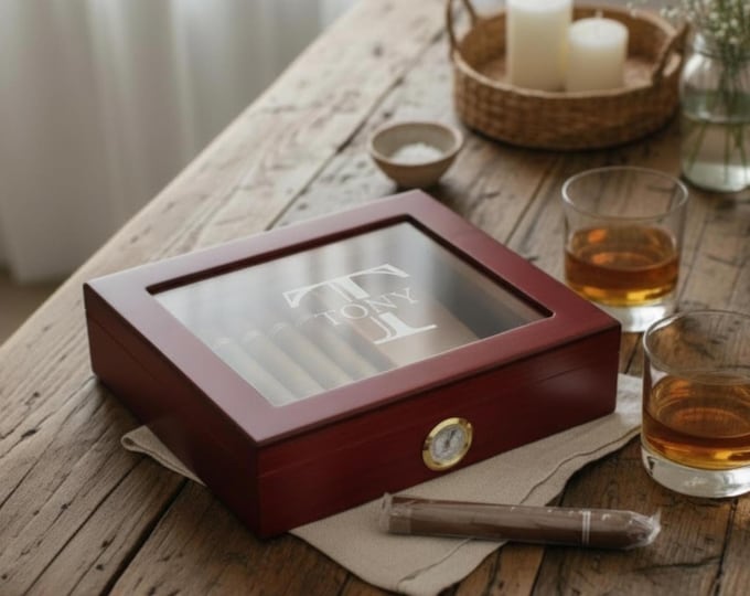 Personalized Cigar Humidor, Engraved Glass Top Cigar Box, Custom Humidor Gift Set, Monogramed Cigar Humidor, Cigar Holder Box, Cigar Kit