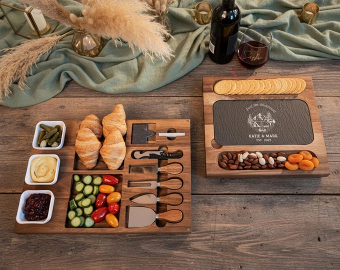 Personalized Charcuterie Set - Custom Engraved Cutting Board: Wilderness, Couple's Outdoor Adventure, Couple campfire, Adventure Awaits Gift