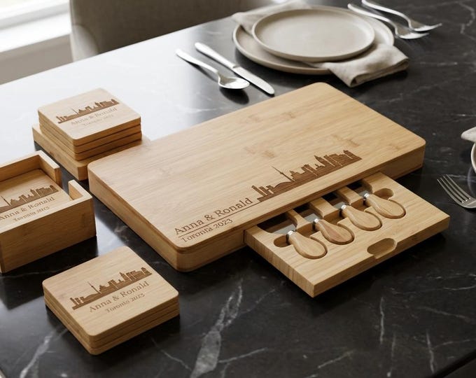Personalized Toronto Skyline Charcuterie Board Set | Custom Bamboo Cheese Platter with Knives & Matching Coasters
