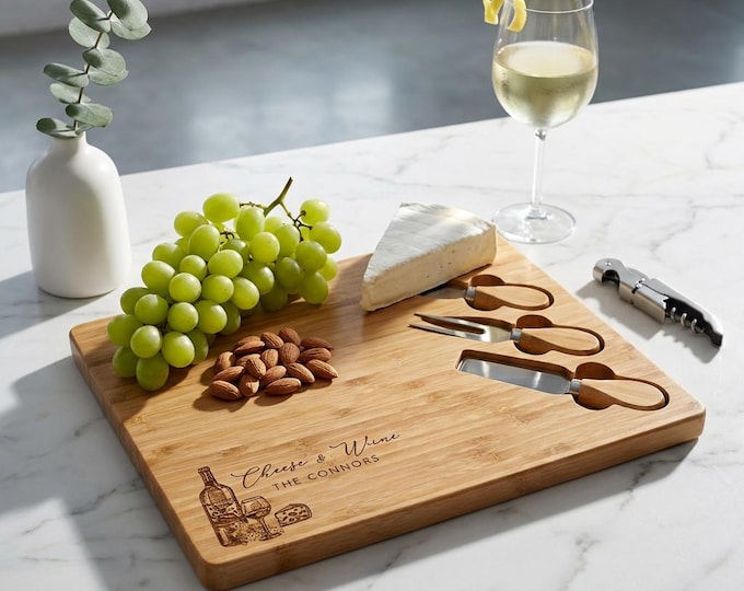 Personalized Bamboo Cheese Board Set, Engraved Charcuterie Platter with 3 Knives, Wedding and Housewarming Gift