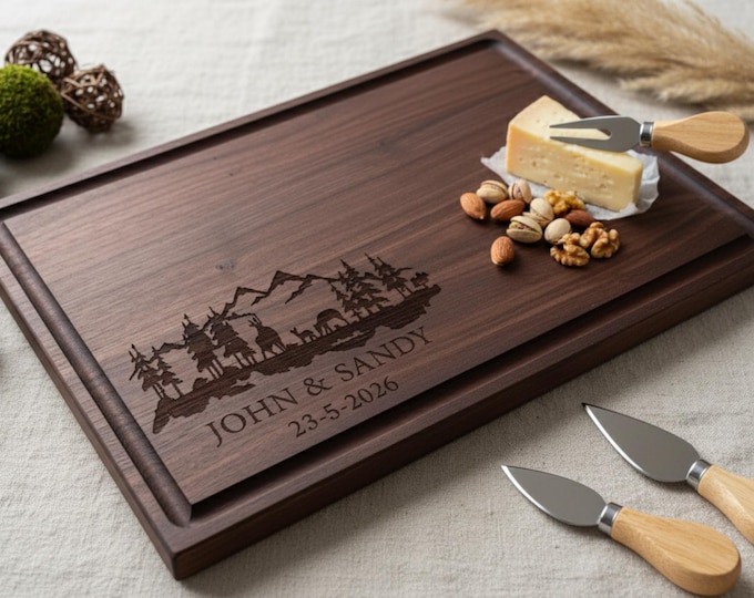 Personalized Walnut Charcuterie Board: Engraved Mountain Scene, Couple's Gift