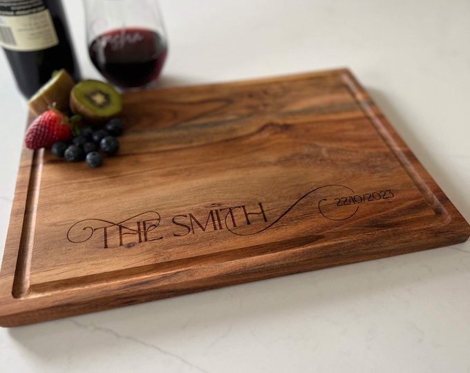 Laser engraved cutting board, Personalized Juice groove Acacia cutting board, Engraved cutting board, Wedding gifts, Gifts for the couple