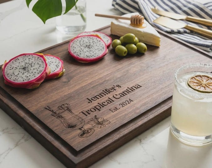 Tropical Bar Gift | Personalized Cutting Board & Custom "Cantina" Cocktail Garnish Tray