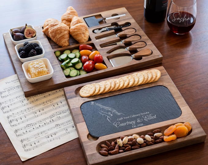 Violin Music Gift | Personalized Charcuterie Board Set & "Culinary Sonata" Slate Cheese Platter