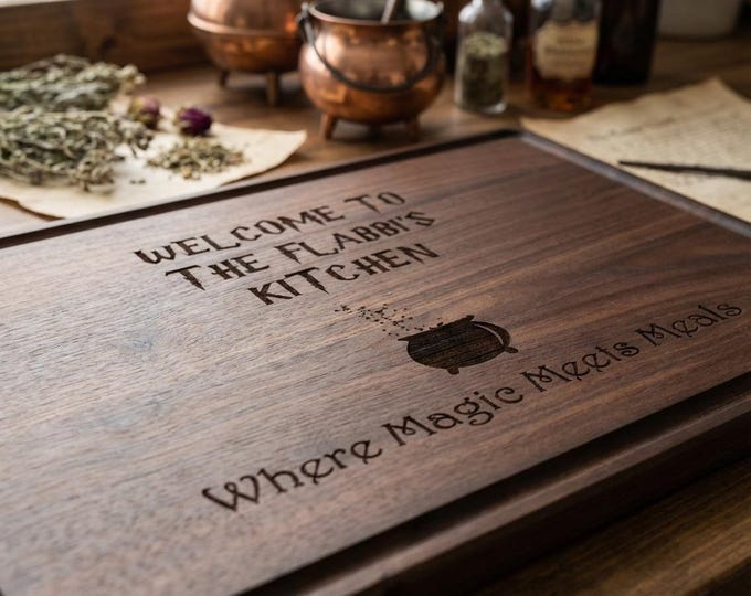Personalized Wizard Cutting Board | Custom "Magic Meets Meals" Kitchen Decor & Engraved Cauldron Gift