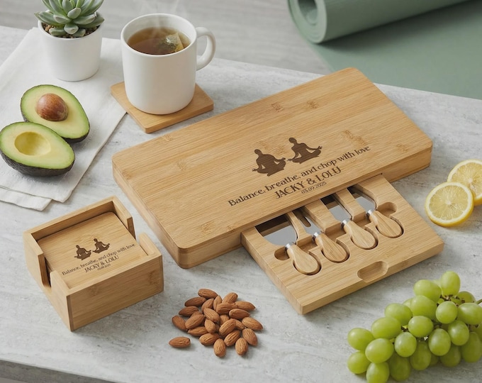 Personalized Yoga Charcuterie Board: Engraved Bamboo Cheese Platter Set