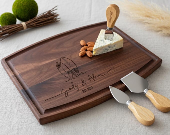 Personalized Cutting Board – Surfer Couple: Custom Cutting Board, Surfing Decor, Ocean, Beach Wedding, Surfboard, Housewarming Gift