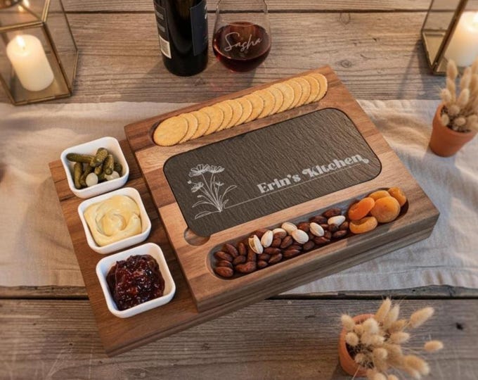 Personalized Charcuterie Board Set - Floral Custom Engraved Cheese Board, Unique git for Mom, Grandma, Birthday Gifts, and Kitchen Decor