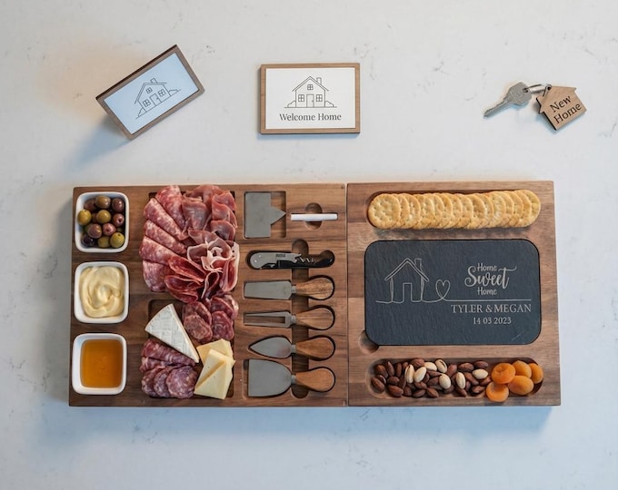 Personalized Acacia Charcuterie Board Set with Slate, Custom Realtor Closing Gift, New Home Present