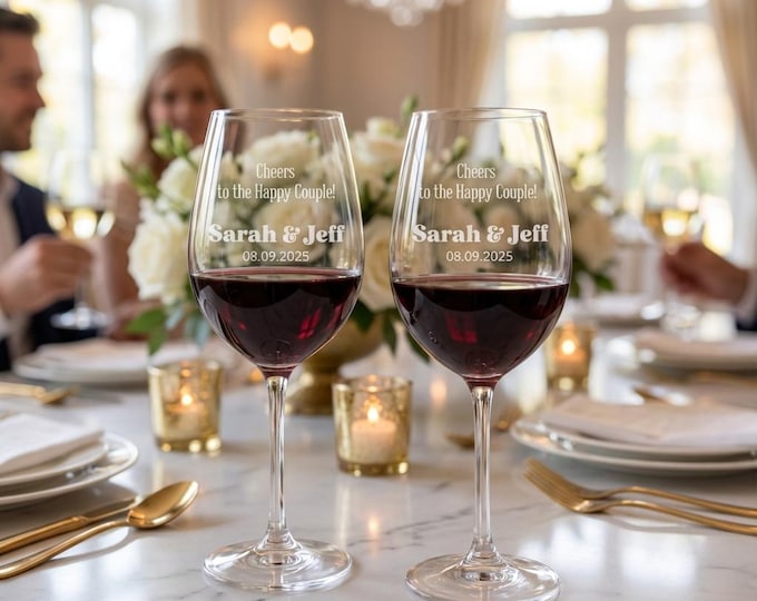 Personalized Wedding Wine Glasses | "Cheers to the Happy Couple" Etched Set & Custom Engagement Gift