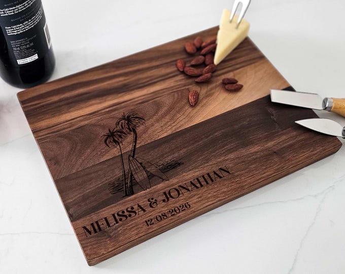 Personalized Cutting Board, Surfing Board Themed: Customized Cutting Board, Beach Decor, Palm Trees, Wedding, Surfer Couple Gift