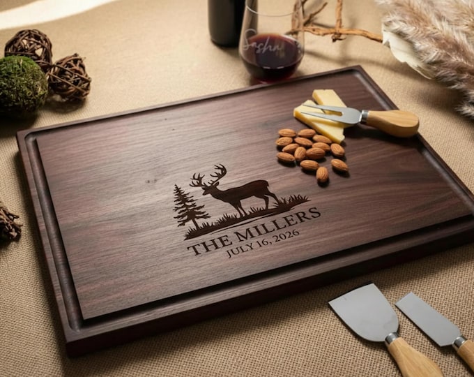 Engraved Elk & Pine Tree Cutting Board – Personalized Rustic Kitchen Board, Custom Xmas Wedding Housewarming Host Gift