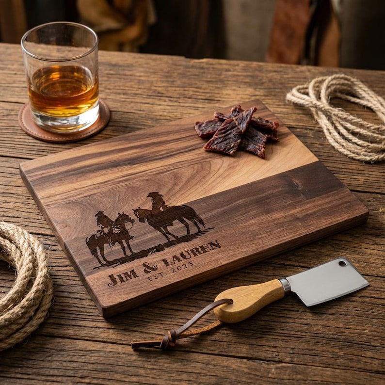 Planche à découper personnalisée - Cowboy et cow-girl avec cheval : charcuterie gravée personnalisée, décoration de cuisine occidentale, cadeau pour elle et lui image 2