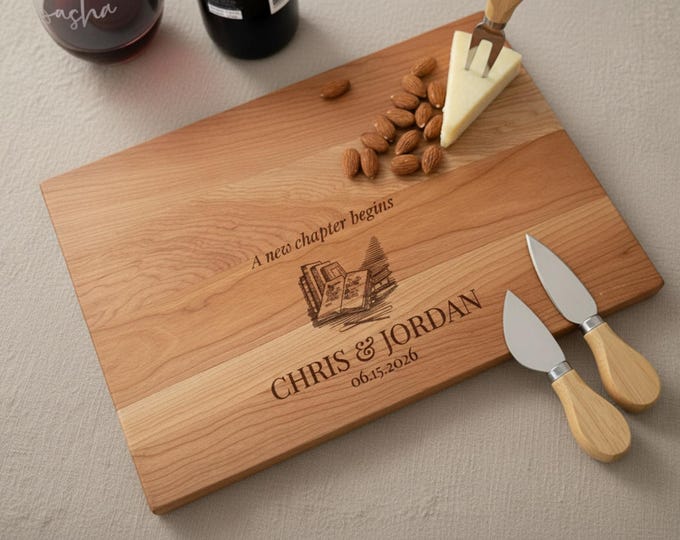 Personalized Charcuterie Board, Reader Couple: Custom Cutting Board, Housewarming, Engagement, Kitchen Decor, Book Readers, New Chapter Gift