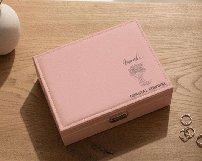 Personalized Faux Leather Jewelry Box: Coastal Cowgirl, Custom Engraved Jewelry Organizer - Bridesmaid, Daughter, Wife, Girlfriend Gift