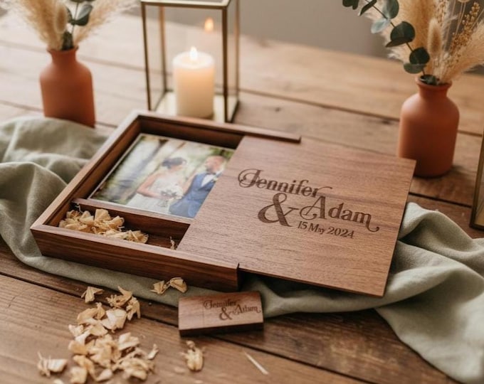 Personalized Wedding Photo Album, Custom Engraved Wooden Memory Box – 64GB USB, 4x6 photo box for photos, Wedding Gift, Couples Gift