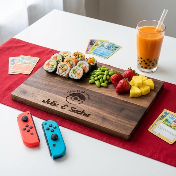 Personalized cutting board – Pokémon: Custom Engraved "Gotta Cook 'Em All!" in Pokémon Font with Couple Names & Date, Unique Gamer Gift