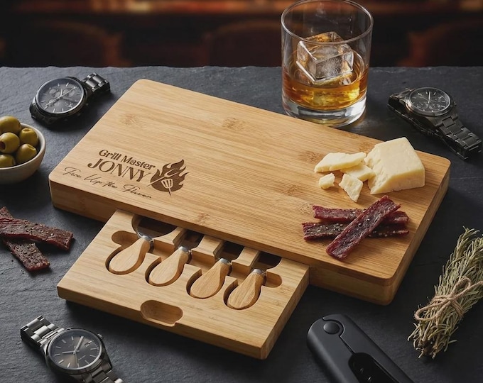 Personalized Grill Master Bamboo Charcuterie Board with 4 Piece Knife Set, Custom Gift for Him
