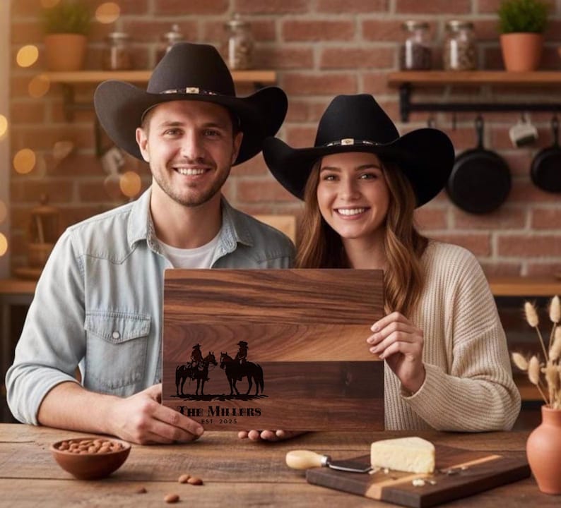 Planche à découper personnalisée - Cowboy et cow-girl avec cheval : charcuterie gravée personnalisée, décoration de cuisine occidentale, cadeau pour elle et lui image 9