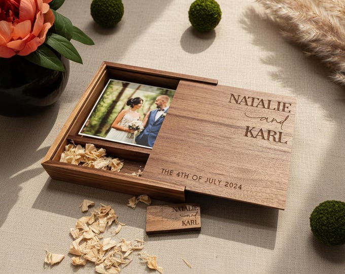 Personalized Wedding Photo Album, Custom Engraved Wooden Memory Box – 64GB USB, 4x6 photo box for photos, Wedding Gift, Couples Gift