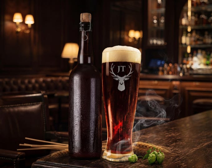 Elk Hunting Gift | Personalized Beer Glass & Custom Deer Monogram Pilsner for Dad