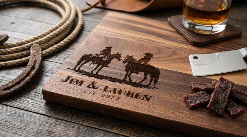 Planche à découper personnalisée - Cowboy et cow-girl avec cheval : charcuterie gravée personnalisée, décoration de cuisine occidentale, cadeau pour elle et lui image 4