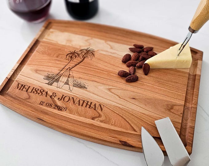 Personalized Charcuterie Board – Surfing Together: Custom Cutting Board | Beach Decor, Palm Trees, Wedding, Engagement, Surfer Couple Gift