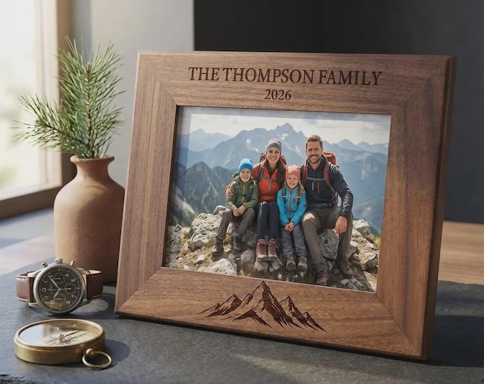 Personalized Mountain Wood Picture Frame, Custom Engraved Walnut or Maple Photo Holder, Family Gift