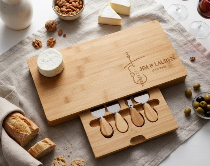 Personalized Bamboo Charcuterie Board: Violin Design, Engraved Gift