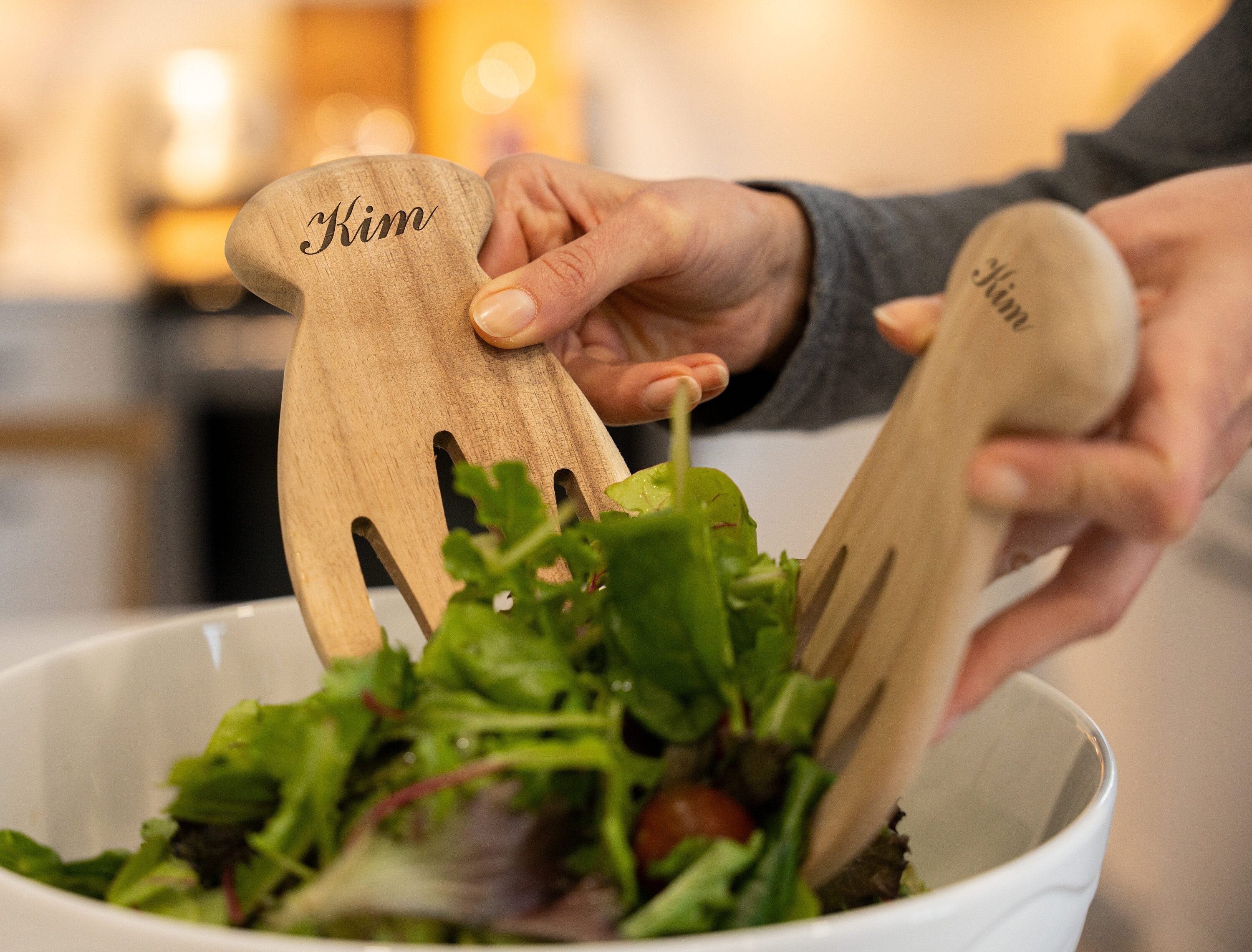 Acacia Wood Salad Hands with Custom Engraving, Personalized Salad