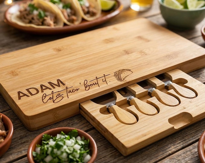Personalized Taco Bar Board Set | Custom "Let's Taco 'Bout It" Bamboo Platter with Knives & Funny Gift for Him