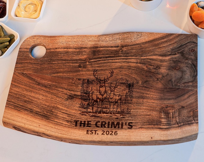 Personalized Live Edge Cutting Board - Couple & Deer - Rustic Custom Engraved Charcuterie Board: Family Name, Wedding, Anniversary Gift
