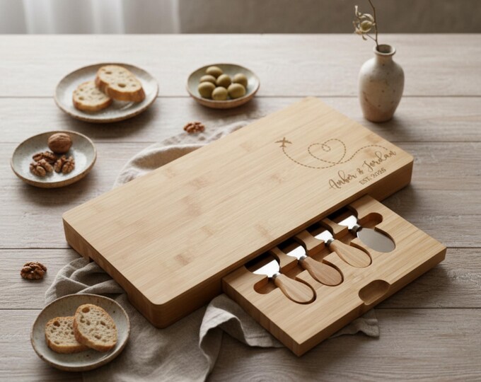 Personalized Bamboo Charcuterie Board Set – Destination Wedding: Custom Engraved Cheese Board, World Explorer, Couple Gift