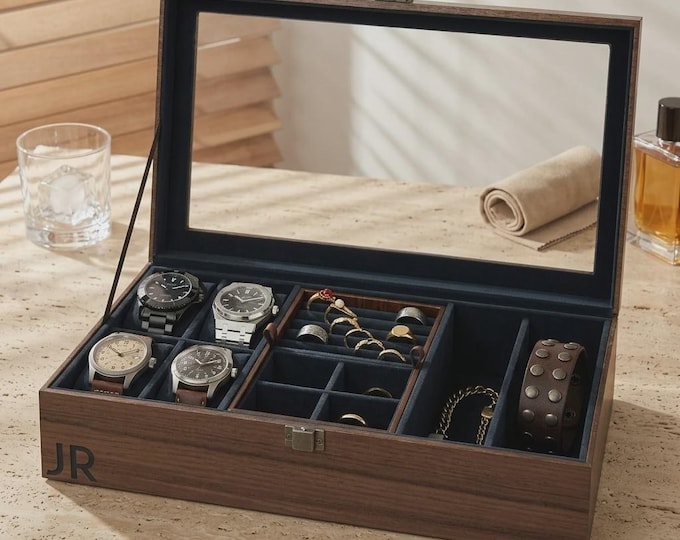 Personalized Watch Box and Jewelry Case for Men, Custom Engraved Wood Accessories Organizer with Glass Lid