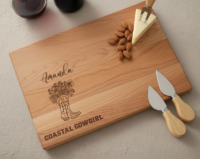 Personalized Charcuterie Board – Coastal Cowgirl: Custom Cutting Board, Cowgirl Boots, Wife, Mom, Daughter, Kitchen Decor, Birthday Gift