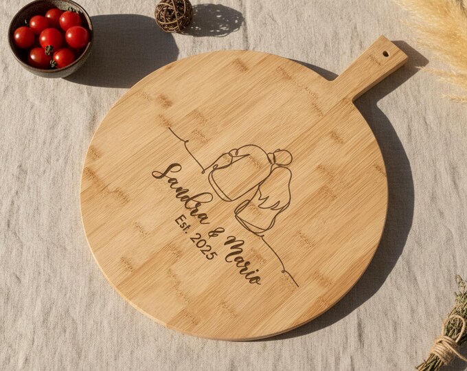 Personalized Pizza Board - Couple Line Art: Custom-Engraved Bamboo Pizza Peel | Housewarming, Wedding, Hosting, Engagement Unique Decor Gift