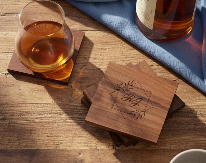 Personalized Walnut Coasters, Monogrammed Coasters Set: Housewarming, Wedding, Engagement, Anniversary, Hosting Christmas Gift