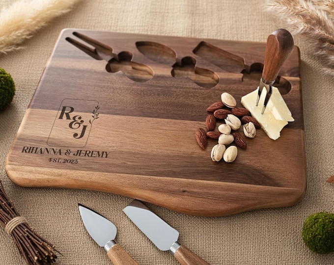 Personalized Charcuterie Board, Botanical Themed: Custom Engraved Cheese Board with Tools, Couples Git, Anniversary Gift, Housewarming Gift