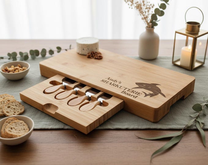 Personalized Shark Charcuterie Board: Engraved Bamboo Cheese Board