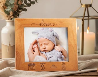 Personalized Alder Wood Picture Frame: Engraved Birth Announcement