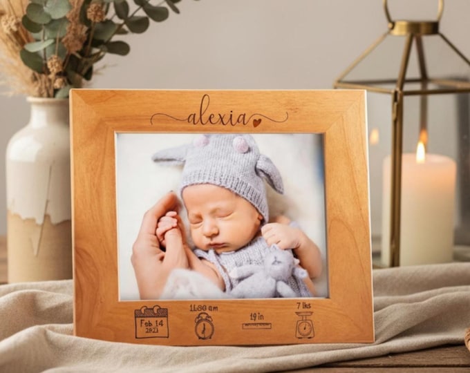 Personalized Alder Wood Picture Frame: Engraved Birth Announcement