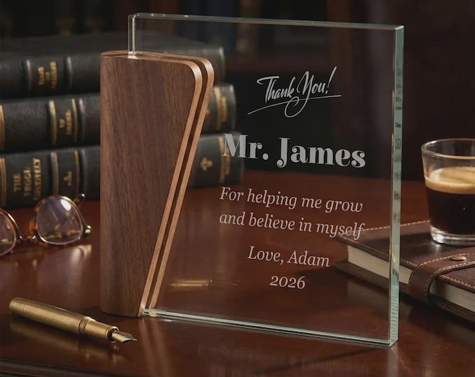 Personalized Teacher Appreciation Award, Custom Glass and Walnut Wood Trophy, Mentor Gift