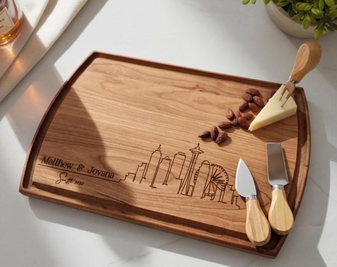 Personalized Cutting Board, City Skyline: Engraved Charcuterie Board, Wedding Gift, Housewarming Gift, Engagement Gift, Gift for Couple