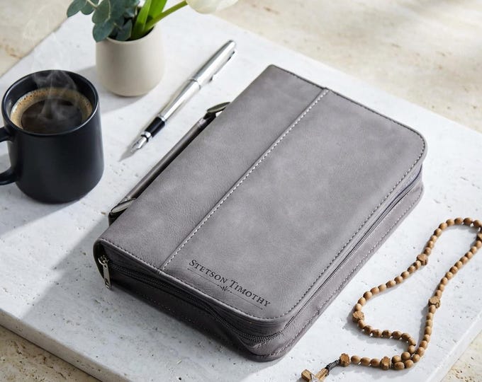 Personalized Grey Vegan Bible Case - Custom Engraved Christian Gift for Men - Zippered Scripture Cover