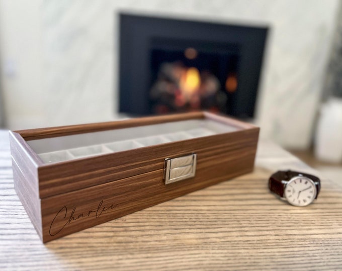 Custom Engraved Watch Box - 6-Watch veneered walnut Case for Men, Personalized Watch Storage, Ideal Gift for Him, Christmas Gift