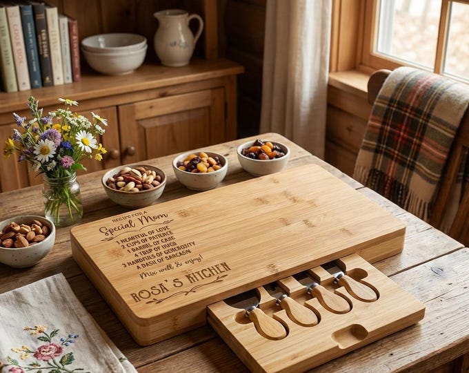 Personalized Bamboo Cheese Board Set | "Recipe for a Special Mom" Charcuterie Platter with Knives