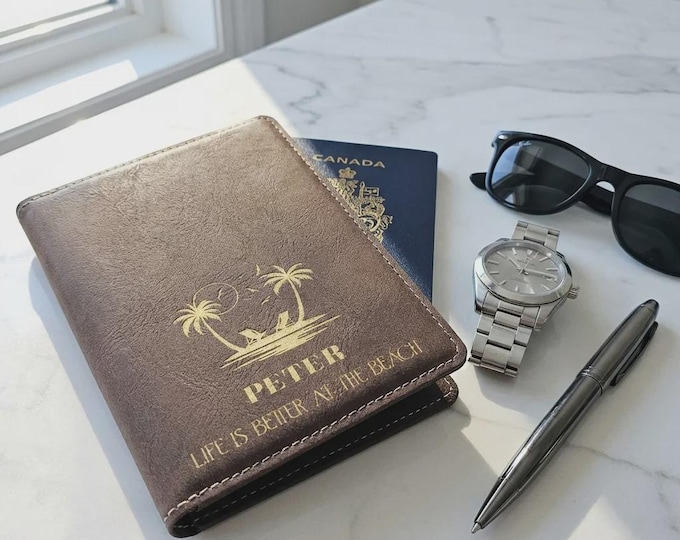 Personalized Vegan Leather Passport Cover, Custom Beach Design Travel Wallet, Retirement Gift for Him