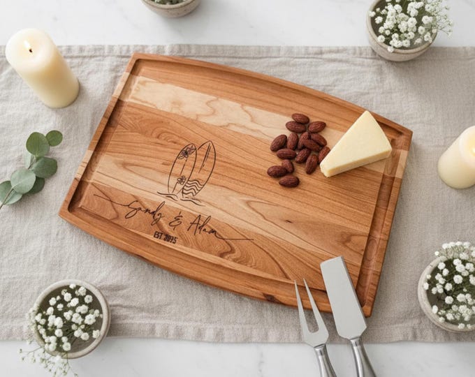 Personalized Surfboard Cutting Board: Engraved Wood Charcuterie Board